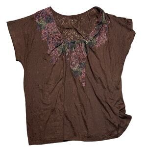 Nine West Large Brown V-Neck Sheer Lace Women’s Top Blouse‎